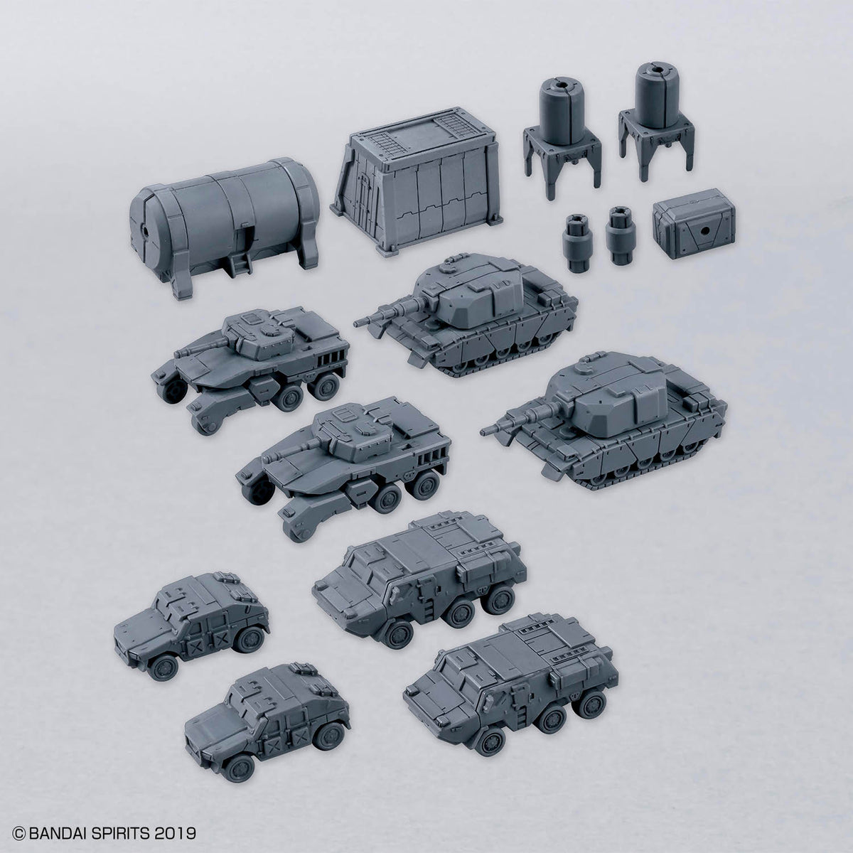 30 Minutes Missions 30MM 1/144 W-39 Option Parts Set 24 – unassembled vehicles and containers on grey backdrop