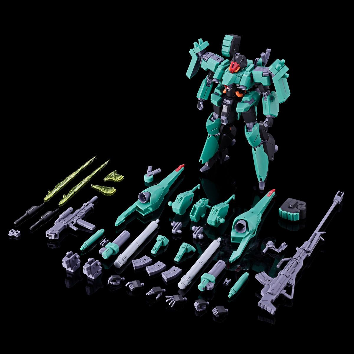 HG 1/144 Reben-Wolf – exploded parts layout with weapons spread out