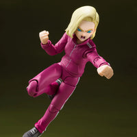 Dragon Ball Super: S.H.Figuarts Android 18 – action pose mid-jump with fists raised