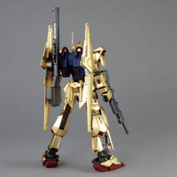 MG 1/100 No.187 MSN-00100 Hyaku-Shiki Ver.2.0 – rear view, gold finish on display stand