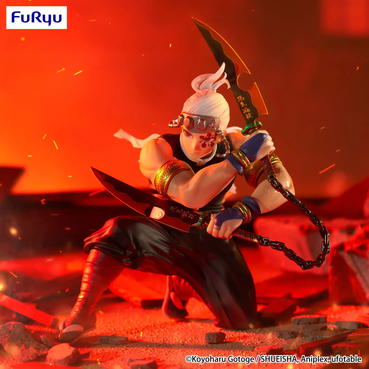 Demon Slayer: Noodle Stopper: Uzui Tengen – dynamic action pose on fiery ruins backdrop